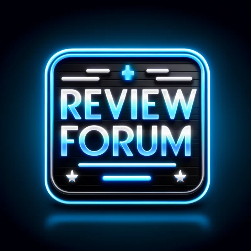 DALL·E 2024-05-21 23.42.05 - A thumbnail image depicting a forum board with the words 'Review Forum' in neon style. The neon text should be in blue, white, and silver colors. The